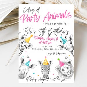 Faire-part d&#39;anniversaire fêtards : thème Safari pour fille (modèle toile imprimable 5 x 7 po.)
