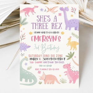 Invitation Girl Three Rex Party Editable Invite Cute Dino Pink Template Printable Pastel Dinosaur Birthday