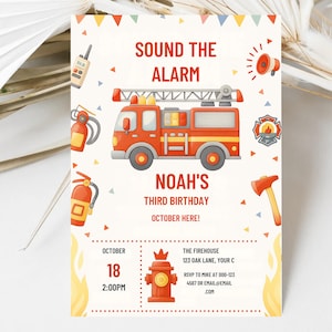 Fire Truck Birthday Invitation Template: Firefighter Party (5x7 Digital Download)