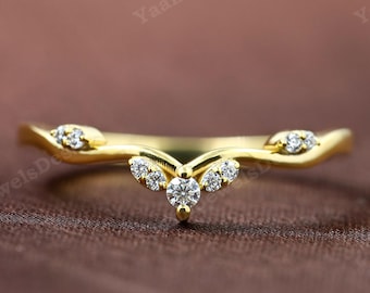 Unique moissanite curved wedding band Vintage yellow gold diamond wedding band Dainty women matching ring Stacking band Promise band