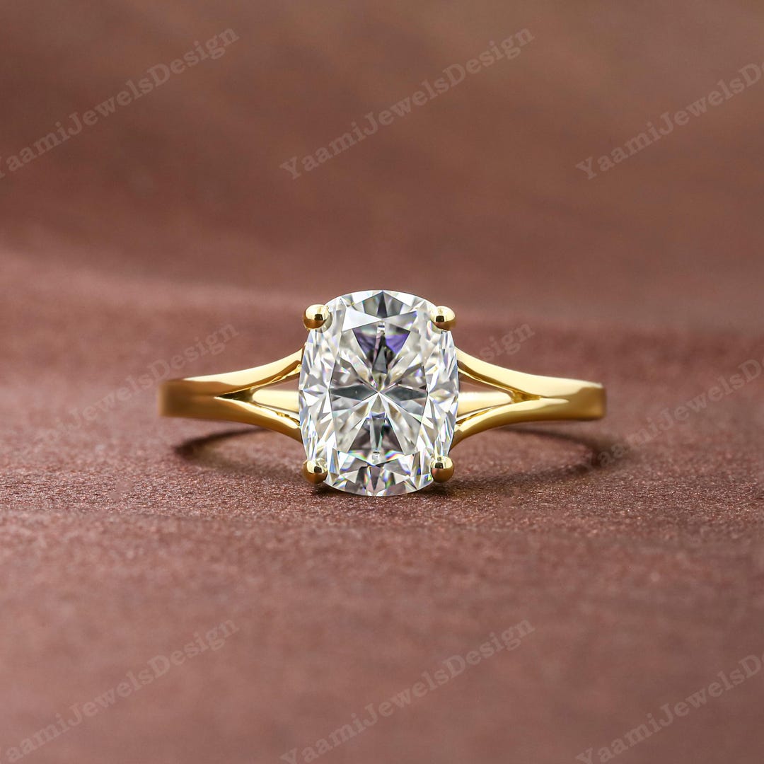 Cushion Cut Moissanite Engagement Ring Split Shank Solitaire Ring ...