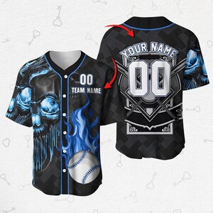 Blue Flame Skull Baseball Jersey - Benutzerdefinierter Name & Nummer, cooles Gothic Sport-Shirt