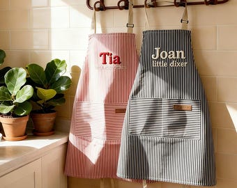 Personalized Kids Apron with Name, Custom Toddler  Adult Striped Apron with Pockets, Embroidered Child Cooking Apron, Birthday Gift for Kids