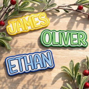 May include: Embroidered name patches in yellow, green, and blue with white outlines. The names "JAMES", "OLIVER", and "ETHAN" are displayed. Decorative sprigs with red berries are in the background. These patches are suitable for personalizing clothing or accessories.