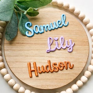 以下が含まれることがあります： 青、紫、オレンジ色の糸で刺繍された「Samuel」、「Lily」、「Hudson」の名前が書かれた木製の丸い看板。看板は緑と木製のビーズで飾られています。