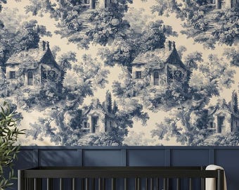 Toile de Jouy Wallpaper, Blue French Country Cottage Mural, Removable Navy Toile (Peel & Stick)