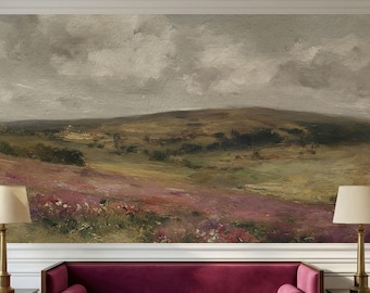 Vintage Landscape Mural Wallpaper | Moody Oil Painting Print, Farmhouse Wall Decor