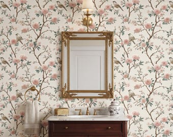Cream Chinoiserie Bird Wallpaper Peel and Stick, Vintage Peony Floral Seamless Pattern, French Country Botanical Removable Wall Decor