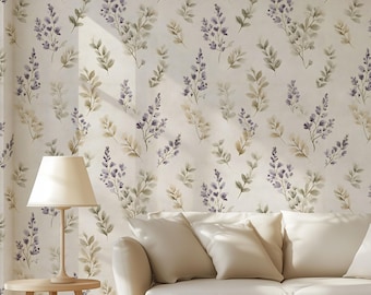Watercolor Lavender Floral Peel and Stick Wallpaper – Botanical, Renter Friendly, Removable Wall Decor