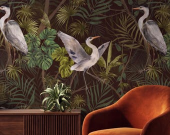 Dark Brown Tropical Heron Wallpaper, Vintage Botanical Peel and Stick Decor, Moody Jungle Pattern, Removable Nature Wall Art