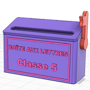 May include: A purple mailbox with a rectangular slot on top and a red flag on the side. The front features a pink rectangular border with the text BO&Icirc;TE AUX LETTRES and Classe 5 printed in pink lettering on the purple surface of the mailbox.