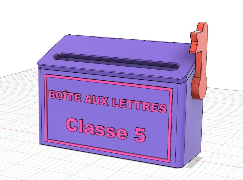 May include: A purple mailbox with a rectangular slot on top and a red flag on the side. The front features a pink rectangular border with the text BO&Icirc;TE AUX LETTRES and Classe 5 printed in pink lettering on the purple surface of the mailbox.