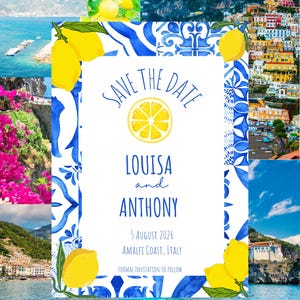 Puede incluir: Una invitación de boda con un diseño de acuarela con limones y patrones azules y blancos. El texto dice "Save the Date" e incluye los nombres Louisa y Anthony, la fecha 5 de agosto de 2026 y Amalfi Coast, Italia.