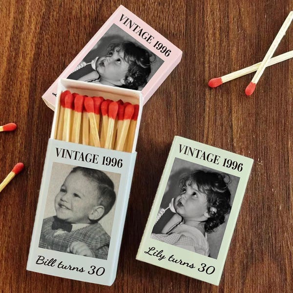 Custom Photo Matchbox 30th Birthday Party Favors Vintage 1996 Personalized Gift for Him or Her Retro Keepsake