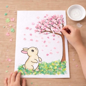 Spring Bunny Craft Printable for Kids Preschool and Kindergarten Torn Paper Activity Template Low Prep One Page Cherry Blossom Classroom Art