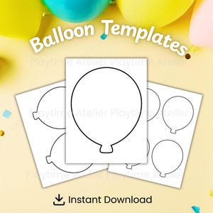 Puede incluir: Plantillas de papel blanco con contornos negros de globos. El texto "Balloon Templates" está en la parte superior. La frase "Instant Download" está en la parte inferior. El fondo tiene globos coloridos.
