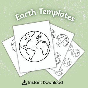May include: White paper templates featuring a black outline of the Earth. The words "Earth Templates" are at the top, with "Instant Download" at the bottom. The background is a light green color.