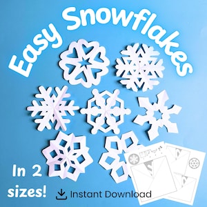 Peut inclure: Plusieurs flocons de neige en papier blanc de différentes formes sur fond bleu. Les mots "Easy Snowflakes" et "In 2 sizes! Instant Download" sont écrits en blanc. Des modèles sont également inclus.