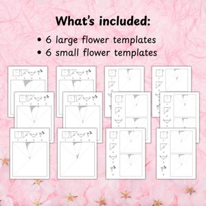 Puede incluir: Plantillas de flores de papel blanco con instrucciones de plegado paso a paso. El texto dice: "Qu&eacute; incluye: - 6 plantillas de flores grandes - 6 plantillas de flores peque&ntilde;as". Fondo rosa claro.