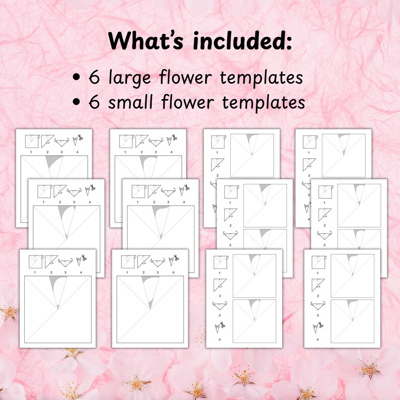 Puede incluir: Plantillas de flores de papel blanco con instrucciones de plegado paso a paso. El texto dice: "Qu&eacute; incluye: - 6 plantillas de flores grandes - 6 plantillas de flores peque&ntilde;as". Fondo rosa claro.