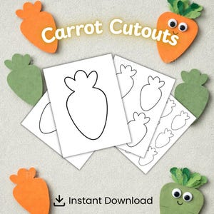Op de afbeelding: Oranje en groene vilt wortel uitsparingen met wiebelogen en witte papieren uitsparingen van wortel contouren. De tekst "Carrot Cutouts" wordt weergegeven in een speels lettertype. De woorden "Instant Download" zijn ook zichtbaar.
