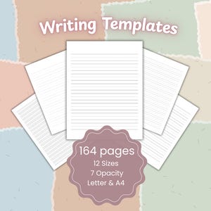 Może przedstawiać: Kolekcja białych szablonów do pisania w linie ułożonych w wachlarz. Na górze widnieje napis Writing Templates. Fioletowa, falista odznaka zawiera tekst 164 pages, 12 Sizes, 7 Opacity, Letter & A4.