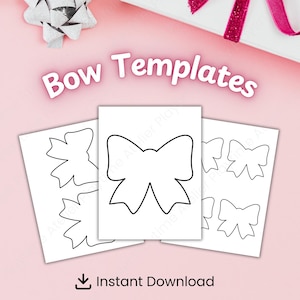 Może przedstawiać: Trzy białe arkusze papieru z czarnymi szablonami kokardek są wyświetlane na różowym tle. Tekst "Bow Templates" znajduje się nad arkuszami, a "Instant Download" poniżej. Srebrna kokarda i pudełko prezentowe znajdują się w tle.