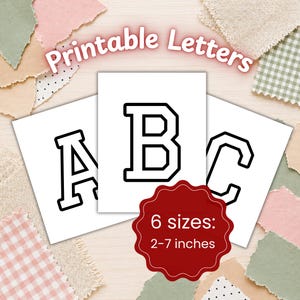 May include: Printable letters A, B, and C in a bold, black outline font on white paper. The text "Printable Letters" is arched across the top. A red circular sticker indicates 6 sizes available, ranging from 2 to 7 inches.