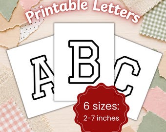 May include: Three printable letters, A, B, and C, in a black outline font on white paper. The words "Printable Letters" are arched across the top. A red sticker indicates 6 sizes available, ranging from 5 to 18 cm.