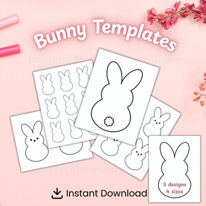 May include: White bunny templates on white cards with black outlines. The cards are arranged on a pink background with the text "Bunny Templates" and "Instant Download". The templates include 3 designs in 4 sizes.