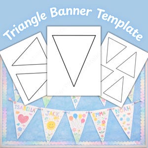 Könnte beinhalten: Eine hellblaue Pinnwand zeigt weiße Papiervorlagen für Dreiecksbanner. Der Text "Triangle Banner Template" steht oben. Ein farbenfrohes Banner mit Namen und Illustrationen befindet sich unten, darunter ein Herz, eine Sonne und Luftballons.