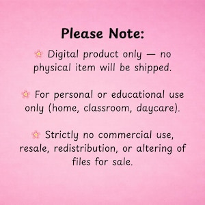 Puede incluir: Un fondo rosa con el texto "Please Note:" seguido de vi&ntilde;etas. El texto indica que el producto es solo digital, para uso personal o educativo, y estrictamente sin uso comercial, reventa, redistribuci&oacute;n o alteraci&oacute;n de archivos para la venta.