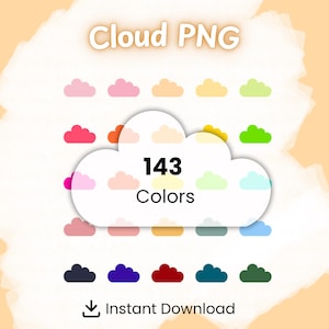 May include: A digital graphic featuring a variety of colorful cloud shapes. The image includes the text "Cloud PNG" and "143 Colors". A download icon and the words "Instant Download" are also present.