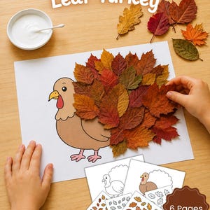 Utskrivbar kalkonbladspyssel för barn med Thanksgiving-motiv, höstkonstmall i PDF-format, höstaktivitet för dagis, förskola, småbarnsklassrumsprojekt