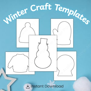Könnte beinhalten: Weiße Winterbastelvorlagen auf hellblauem Hintergrund. Die Vorlagen umfassen eine Mütze, einen Fäustling, einen Pullover, einen Schneemann und eine Schneekugelkontur. Die Worte "Winter Craft Templates" sind in weißer Schrift. Das Wort "Instant Download" ist ebenfalls sichtbar.