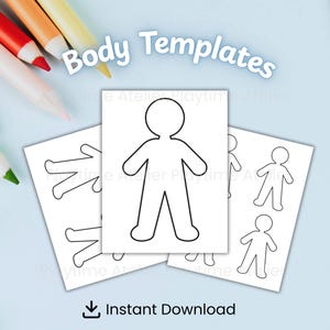 May include: White paper body templates with a simple outline of a person. The words "Body Templates" are in a light blue, cursive font. The phrase "Instant Download" is at the bottom. Colour pencils are in the background.