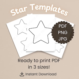 May include: White star templates on paper, with the text "Star Templates" at the top. The image also includes the text "Ready to print PDF in 3 sizes!" and "Instant Download". A brown circle with the text "PDF, PNG, JPG" is also included.