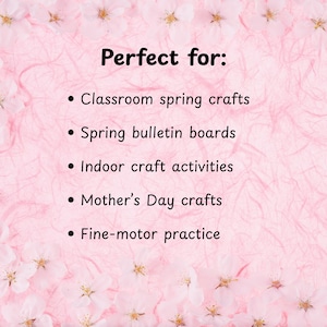 Puede incluir: Un fondo rosa con un patr&oacute;n floral y el texto "Perfect for:" seguido de una lista de actividades de manualidades, incluyendo manualidades de primavera en el aula, tableros de anuncios y manualidades para el D&iacute;a de la Madre.