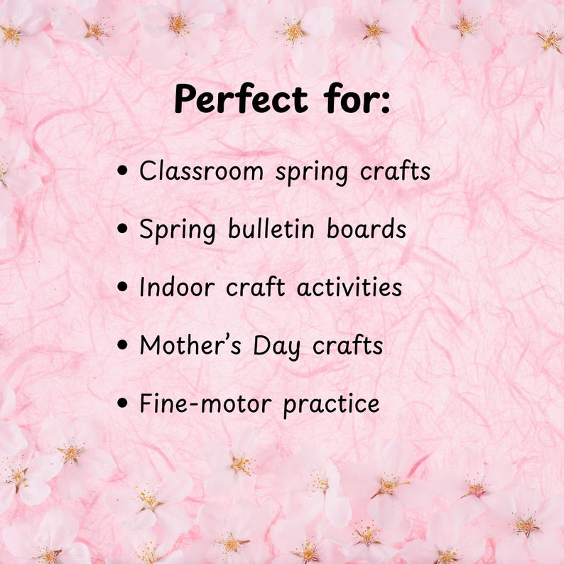 Puede incluir: Un fondo rosa con un patr&oacute;n floral y el texto "Perfect for:" seguido de una lista de actividades de manualidades, incluyendo manualidades de primavera en el aula, tableros de anuncios y manualidades para el D&iacute;a de la Madre.