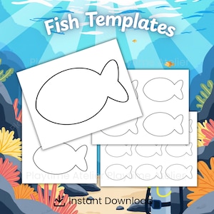 May include: White paper sheets with fish templates. The sheets feature various fish outlines in black, perfect for crafting or educational activities. The image has a blue and teal underwater theme with the text "Fish Templates".
