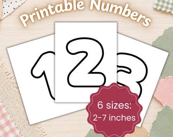 May include: Three white cards with the numbers 1, 2, and 3 in black outline font. The text "Printable Numbers" is at the top. A burgundy circle states "6 sizes: 5-18 cm". The words "Instant Download" are at the bottom.