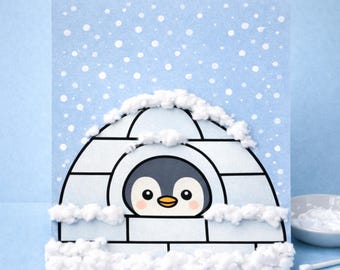 Plantilla imprimible de actividad invernal con forma de iglú de pingüino para preescolar y jardín de infantes. Pintura con hisopos de algodón para decoración artística del aula infantil (PDF).