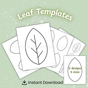 May include: White paper sheets with black leaf templates. The text "Leaf Templates" is at the top. The bottom of the image says "Instant Download". The smaller sheet says "2 designs 4 sizes".