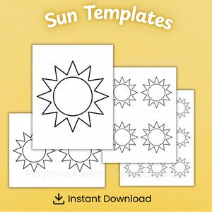 Może przedstawiać: Kilka białych kartek papieru z czarnymi szablonami słońca. Każde słońce ma okrągły środek i spiczaste promienie. Widoczny jest również tekst "Sun Templates" i "Instant Download".
