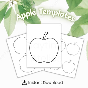 May include: White paper templates with apple outlines. The text "Apple Templates" is displayed at the top. The words "Instant Download" are at the bottom with a download icon. Green leaves are in the background.