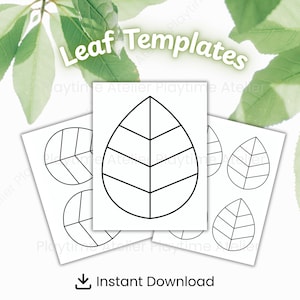 May include: White paper leaf templates with black outlines, featuring the text "Leaf Templates" and "Instant Download". The templates are in a variety of leaf shapes, perfect for crafting and design projects.