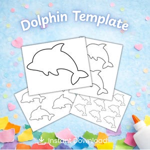 Puede incluir: Plantillas de papel blanco con dibujos de contorno negro de delfines. Las palabras "Dolphin Template" están en la parte superior y "Instant Download" en la inferior. El fondo es azul claro con confeti y trozos de papel de colores.