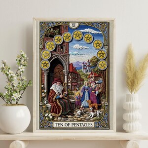 Ten of Pentacles Tarot Card Poster Matte Vertical Wall Art Yarn Art Tarot Print Historical Tarot Decor Occult Witchy Gift