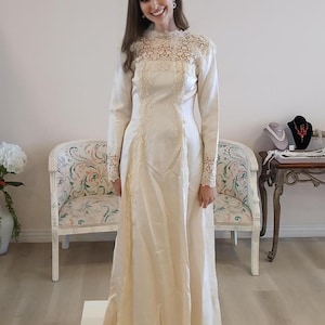 Vintage 1970s High Neck Lace Wedding Dress | Long Sleeve Satin Gown | Edwardian-Inspired Bridal Dress | Modest Vintage Bride