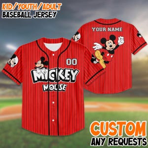 Mickey Mouse Baseball Jersey, Custom Name Shirt, Kid Youth Adult Jersey, Disney Trip Outfit, Birthday Gift, Family Matching Jersey